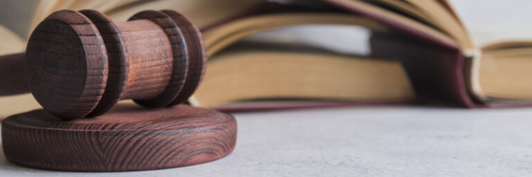 Wooden gavel with law book in background symbolizing justice