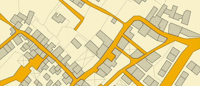 Imaginary cadastral map with buildings, land parcel, vacant plot and roads