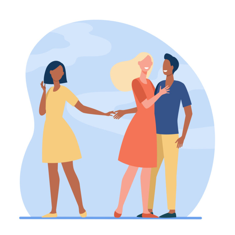 “Illustration of a couple hugging while the woman holds another person’s hand.”