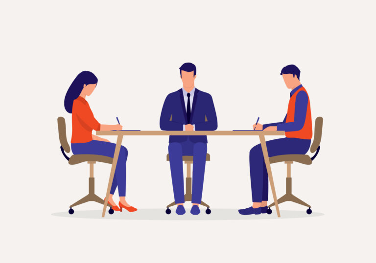 Divorcing Couple Signing Decree Papers At Law Firm. Full Length, Isolated On Plain Color Background. Vector, Illustration, Flat Design, Character.