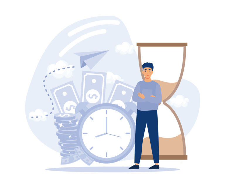 Businessman Watch Sandglass Running, Stopwatch Clock, Project Financial Profit Management, flat vector modern illustration