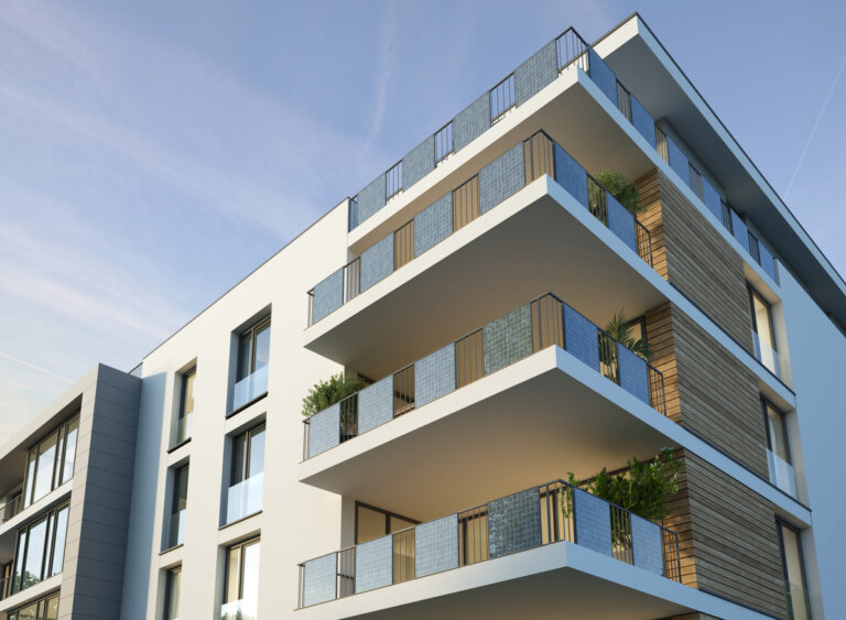 3d rendering of an apartment house with solar panles on the balconies