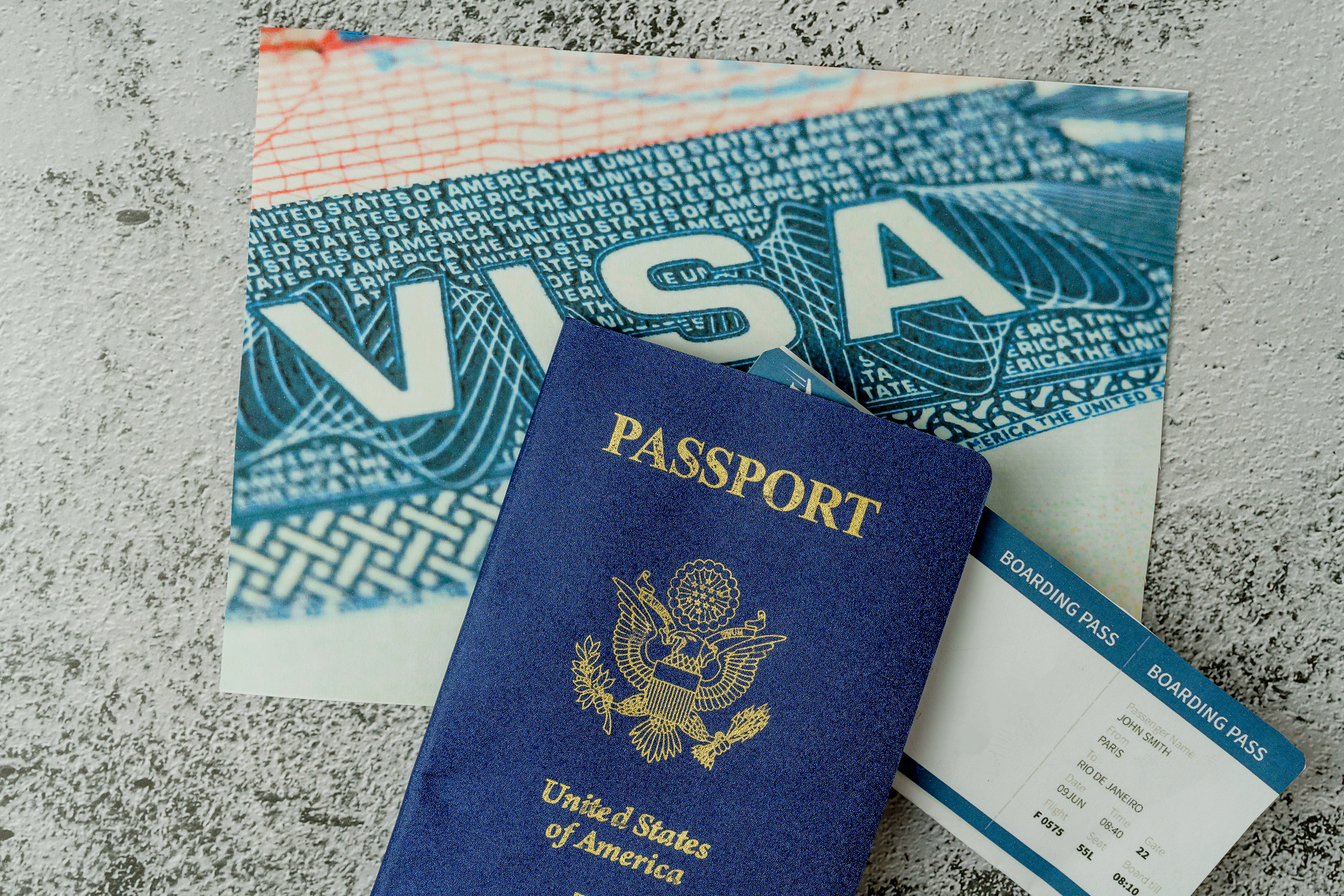 US passport, boarding pass and visa ready for travel