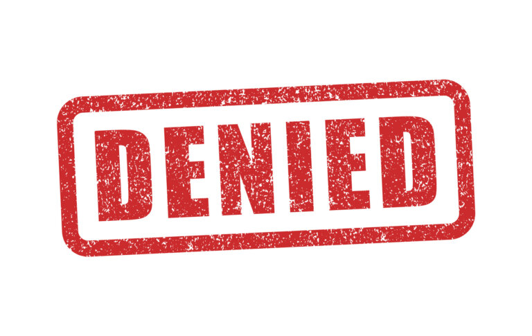 Denied grunge rubber ink stamp icon shape. Prohibit logo sign symbol. Red retro style tag template graphic. Isolated on white background. Vector illustration image.