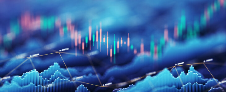 Dynamic abstract image of financial data and stock market analysis, featuring colorful candlestick charts and digital data graphs in a futuristic blue-toned background. Represents investment trends, trading strategies, and financial technology concepts.