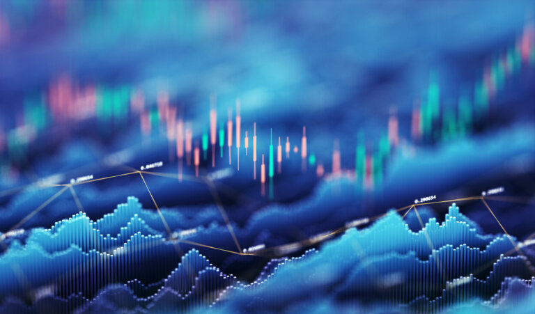 Dynamic abstract image of financial data and stock market analysis, featuring colorful candlestick charts and digital data graphs in a futuristic blue-toned background. Represents investment trends, trading strategies, and financial technology concepts.
