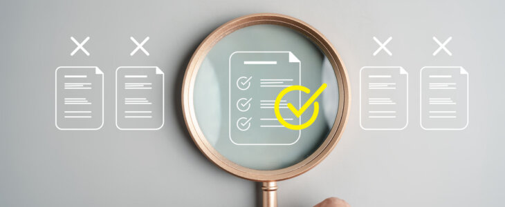 Audit system for document verification and compliance, showing checklist review, quality assurance, file inspection, internal control, and data validation in business processes.