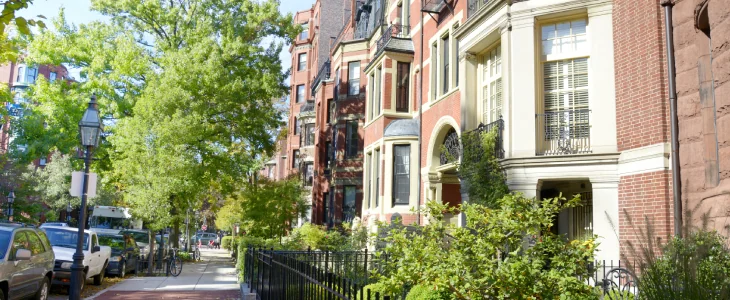 “Row of historic brownstone houses on a city street.”