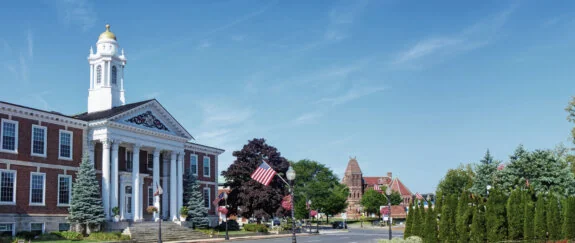 Woburn City Hall on a sunny day.