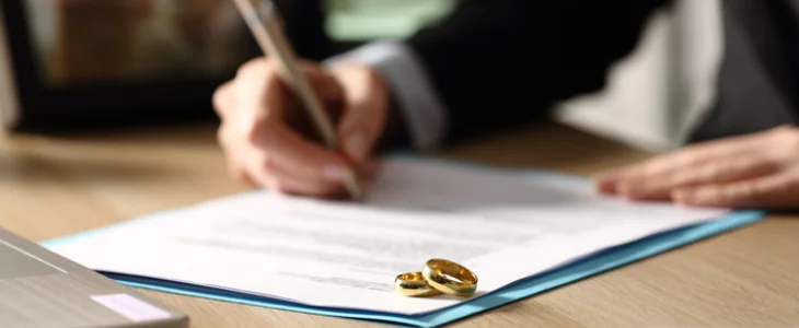 “Legal document signing with wedding rings symbolizing divorce.”
