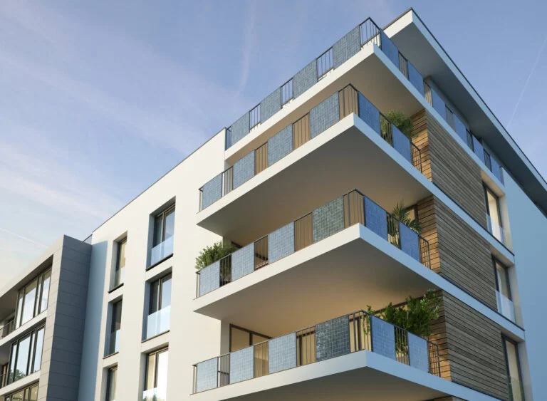 3d rendering of an apartment house with solar panles on the balconies