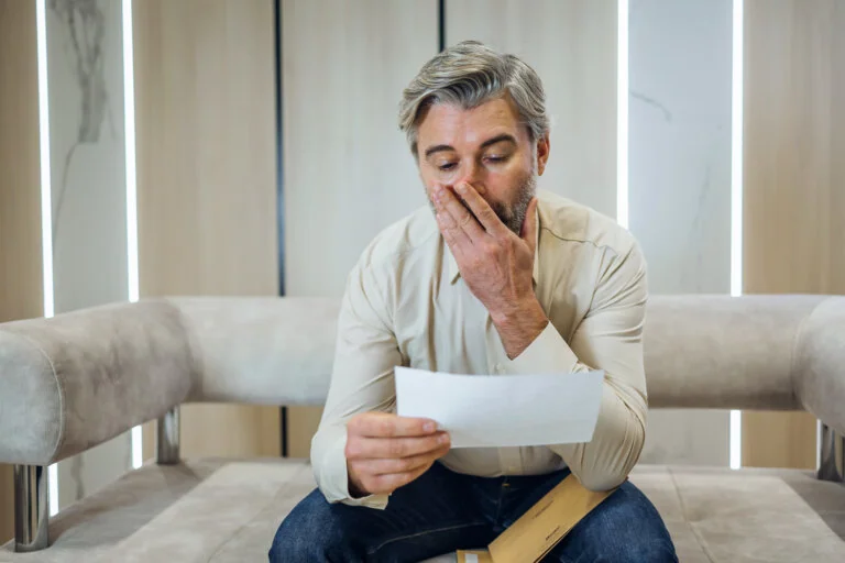 “Man sitting on a couch looking worried while reading a letter.”