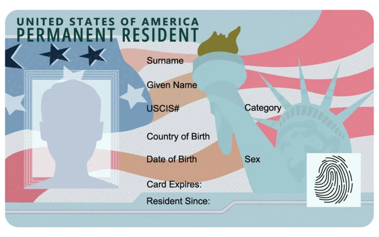 Permanent Resident Card. Vector illustration of green card. Green card. Template of Permanent Resident Card isolated on white background. Cartoon Green card of the United States