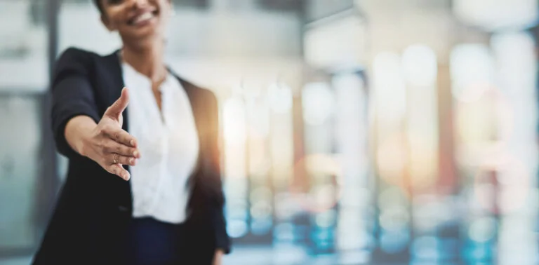Handshake, offer and business woman or lawyer for introduction, welcome and legal deal, success or meeting. Advisor or attorney shaking hands for partnership, thank you or agreement on banner mockup