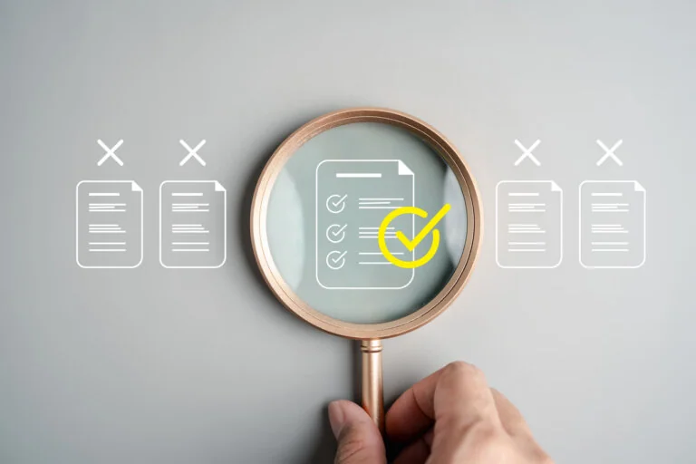 Audit system for document verification and compliance, showing checklist review, quality assurance, file inspection, internal control, and data validation in business processes.